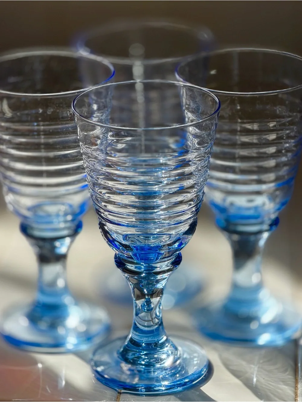 Set of Four, Vintage 90s Blue Ribbed Glass Goblets - Set of Decorative Glasses